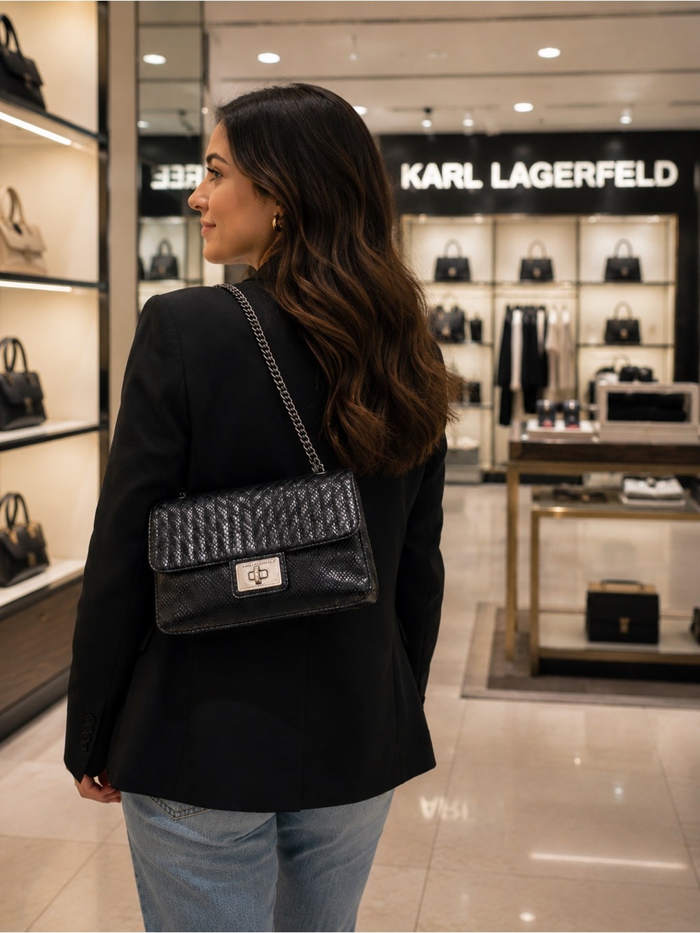 Karl Lagerfeld Black Quilted Textured Chain Crossbody Bag